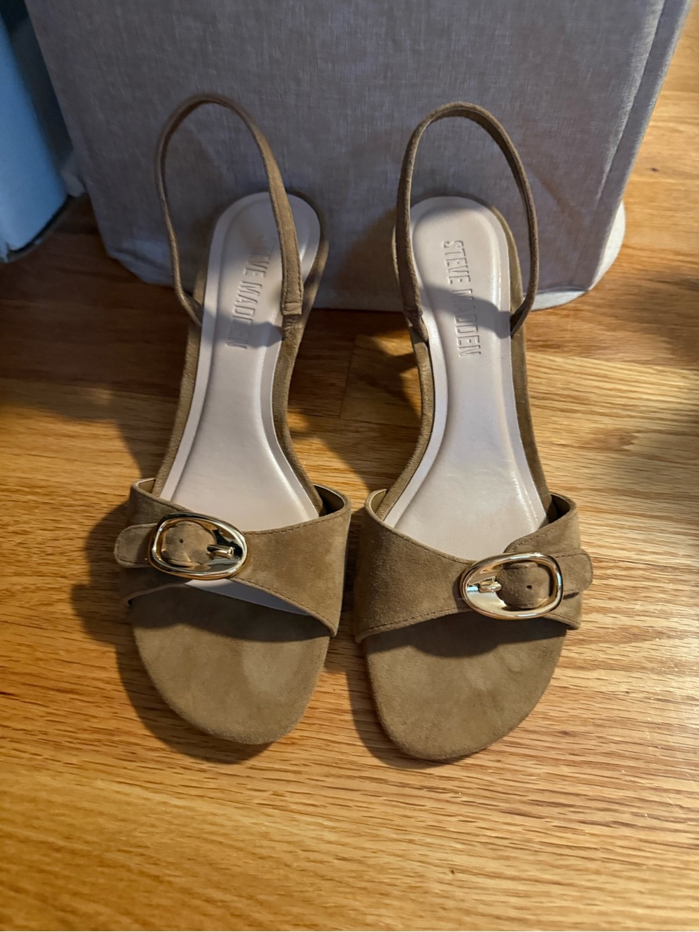 Steve Madden Taupe Suede Slingback Sandals with Gold Buckles